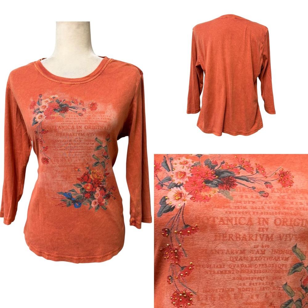 Women Tunic Top XL Orange Boho Vtg 90s STYLE Graphic Botanical Floral Beaded AOP